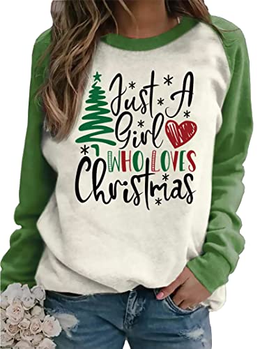 Just A Girl Who Loves Christmas Tree Sweatshirt Shirts für Frauen Xmas Spleißen Langarm Pullover Shirts Tops, Weiß, Large von Susongeth