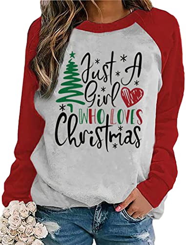 Just A Girl Who Loves Christmas Tree Sweatshirt Shirts für Frauen Xmas Spleißen Langarm Pullover Shirts Tops, rot, XX-Large von Susongeth