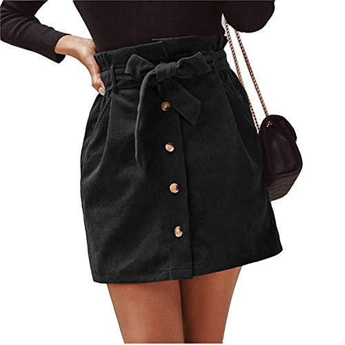 Susupeng Damen Papiertasche, hohe Taille, elastischer Gürtel, Kord, Knopfleiste vorne mit Taschen, kurzer Minirock - Schwarz - X-Groß von Susupeng