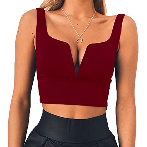 Susupeng Damen Sexy tiefer V-Ausschnitt ärmelloses T-Shirt Slim Crop Top Seitlicher Reißverschluss Casual Tank Tops, burgunderfarben, Mittel von Susupeng