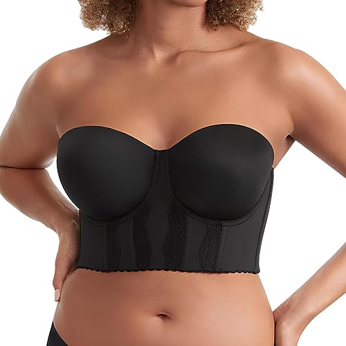 Damen Vollbrust und volle Figur Longline trägerloser BH volle Abdeckung Nahtlose Rückseite Glättung Push Up Stütz-BH, Schwarz, 105B von Sutliant