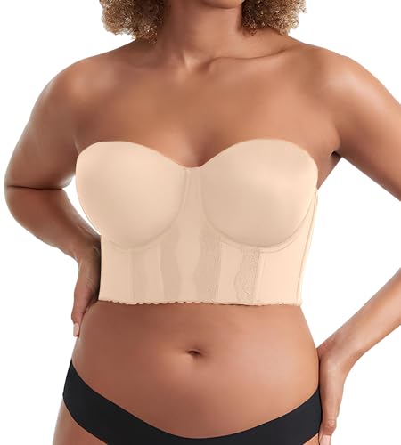 Shecurve Damen Vollbrust und volle Figur Longline Trägerloser BH Volle Abdeckung Rückseite Seite Glättung Push Up Stütz-BH, Hautfarben, 95E Shecurve Damen Vollbrust und volle Figur Longline Trägerloser BH Volle Abdeckung Rückseite Seite Glättung Push Up Stütz-BH, Hautfarben, 95E von Sutliant