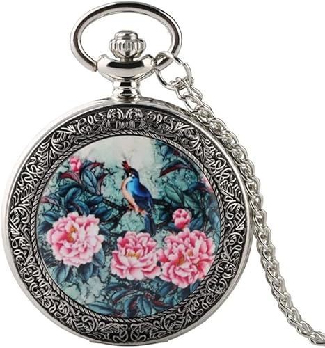 Suuim Mechanische Taschenuhr mit Kette, Taschenuhren, Silberne Quarz-Taschenuhr, lebendiger Vogel auf dem Baum mit exquisiten Blumenmustern, Halskettenanhänger, Geschenke, Kettenuhr (blau) von Suuim