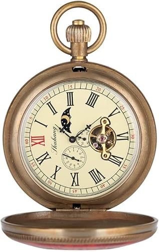 Suuim Mechanische Taschenuhr mit Kette, Taschenuhren, reines Kupfer, rote und Blaue Abdeckung, Retro-großes Tourbillon, mechanische Taschenuhr, modische Retro-Handaufzugs-Doppeljägeruhr (blau) von Suuim