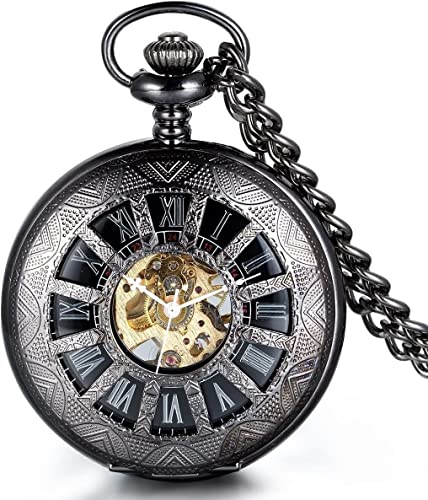 Suuim Vintage Taschenuhr Herren mit Kette Quarz Neue Taschenuhr Schwarz Mechanische Taschenuhr Halskette Geschenkbox von Suuim