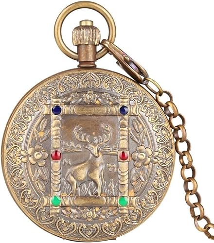 Suuim Vintage Taschenuhr für Herren mit Kette, Quarz-Hirschmuster, Retro-Automatik-Selbstaufzug, mechanische Taschenuhr für Herren, Taschenuhren mit Kettenschnitzerei, Unisex-Uhr, Geschenke von Suuim