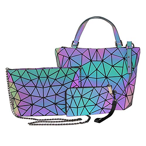 Geometrische Leuchtende Geldbörsen und Handtaschen für Frauen, holografisch, reflektierend, Umhängetasche, Geldbörse, Flash Rainbow Tote, Silber (Nr. 1 3-teiliges Geldbörsen-Set.), Einheitsgröße von Suuran