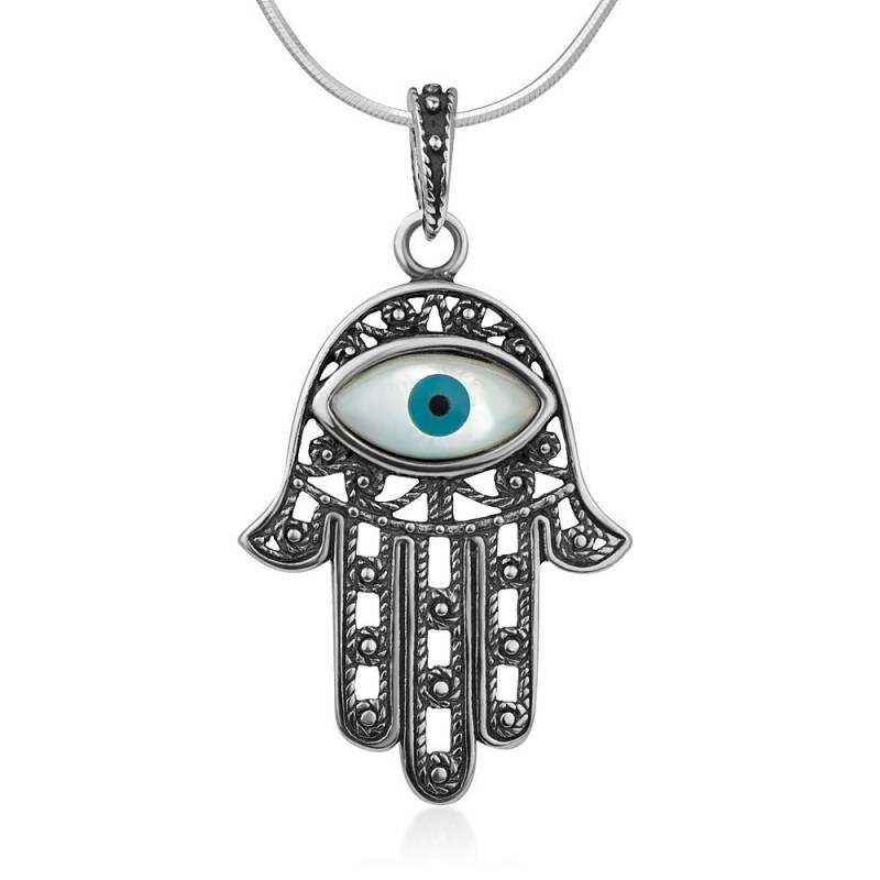 Suvani 925 Oxidiertes Sterlingsilber Hamsa Hand Der Fatima Amulett Evil Eye Seil-Anhänger-Halskette 18" von SuvaniJewelry