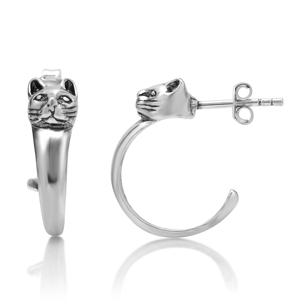 Suvani 925 Sterling Silber Katze Kätzchen Kopf Halb Hoop Post Ohrringe von SuvaniJewelry