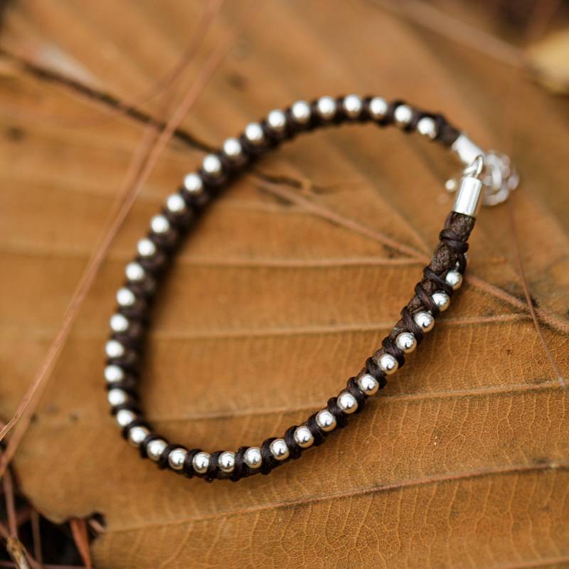 Suvani 925 Sterling Silber Kugel Perlen Dunkelbraun Leder Gewebt Schnur 18, 8 cm - 20, 3 Damen Herren Armband von SuvaniJewelry
