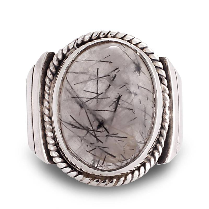 Suvani 925 Sterling Silber Natürliche Schwarz Rutilquarz Edelstein Oval Seil Rand Unisex Band Ring 6, 7, 8 von SuvaniJewelry