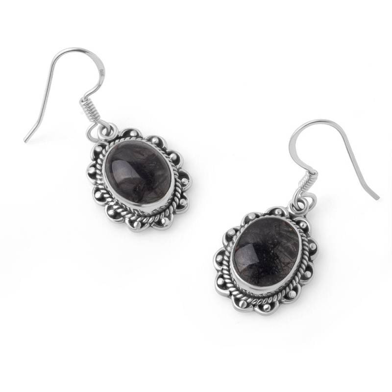 Suvani 925 Sterling Silber Schwarz Rutilquarz Edelstein Seil Rand Vintage Ohrringe 3.5 cm von SuvaniJewelry