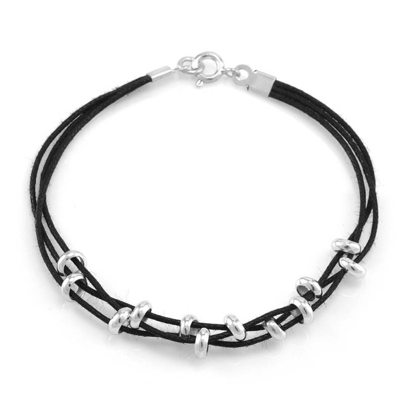 Suvani 925 Sterling Silber Und Schwarze Baumwollkordel Ring Perlen 3-Strand Armband von SuvaniJewelry