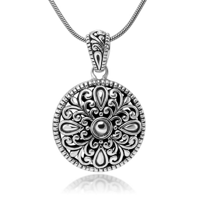 Suvani Sterling Silber Filigrane Mandala Blume Antique Design Runde Anhänger Halskette W/18 "Silber Kette von SuvaniJewelry