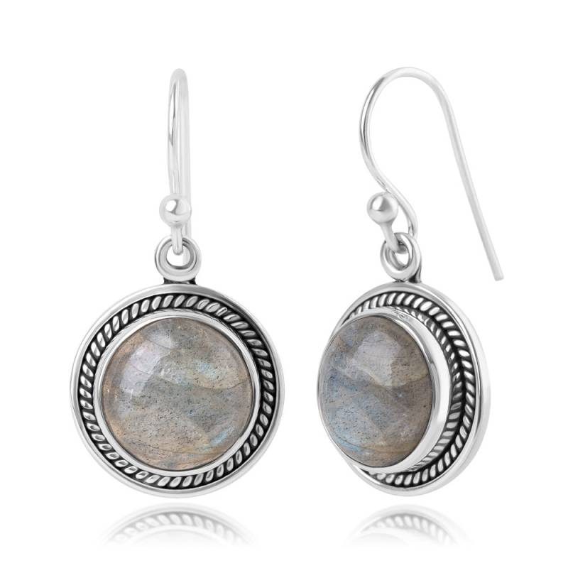 Suvani Sterlingsilber Natürlicher Labradorit Edelstein Seilkante Runde Baumelnde Haken Ohrringe 3, 2 cm von SuvaniJewelry