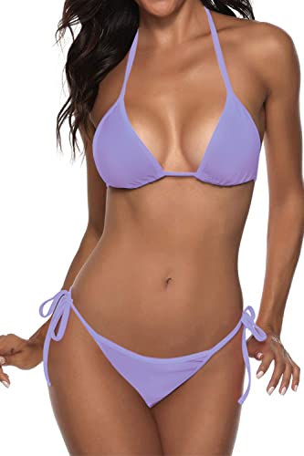 Damen Zweiteiliger Badeanzug Sexy Bademode Neckholder String Triangel Bikini Sets, violett, Small von Suvimuga