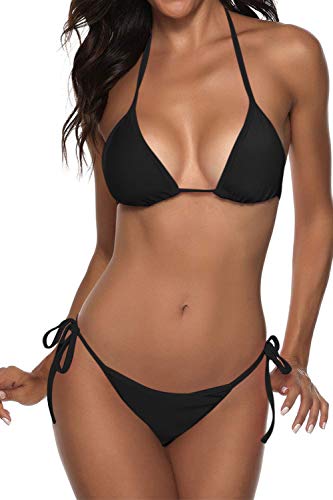 Frauen Zweiteiliger Badeanzug Sexy Bademode Halfter String Triangel Bikini Sets, Schwarz, Medium von Suvimuga