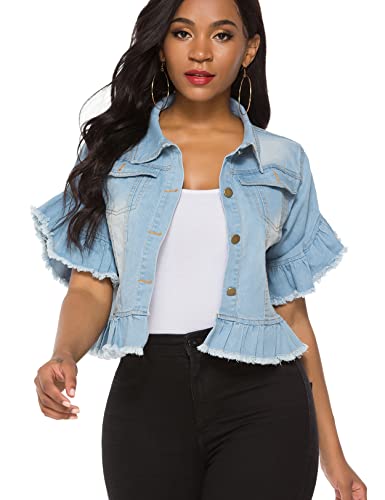 Suvimuga Damen Jeansjacke Button Down Distressed Rüschen Ärmel Crop Jeans Jacken Mantel, Blau, L von Suvimuga