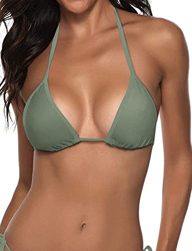 Suvimuga Damen Triangel Bikini Top Push Up Gepolstert Neckholder String Badeanzüge Top, Grasgrün, Medium von Suvimuga