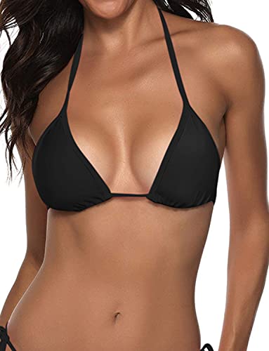 Suvimuga Damen Triangel Bikini Top Push Up Gepolstert Neckholder String Badeanzüge Top, schwarz, Small von Suvimuga