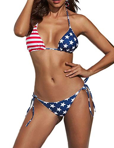 Women Two Piece Bikini Swimsuit American Flag Halter String Triangle Bikini Set Red L von Suvimuga