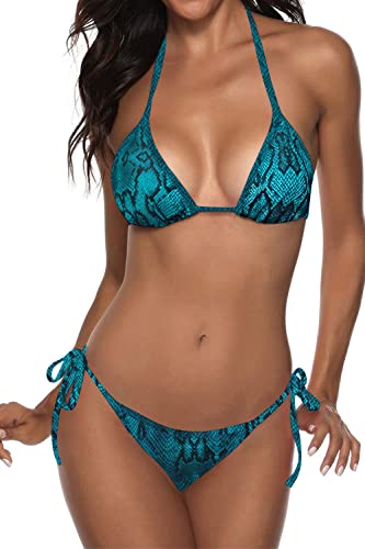 Zweiteiliger Damen-Badeanzug, sexy Bademode, Neckholder, String, dreieckiges Bikini-Set, Blaue Schlange, Medium von Suvimuga