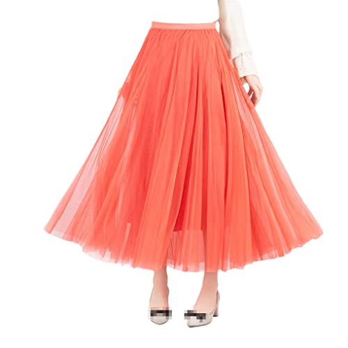 Damen 3 Lagen 85 cm Faltenrock Midi Tüll Rock Hohe Taille Vollfutter Erwachsene Damen Röcke, Grapefruit Pink, Einheitsgröße von Suvoiier