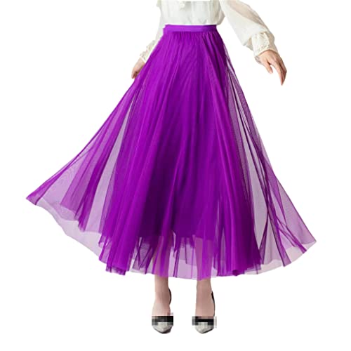 Damen 3 Lagen 85 cm Faltenrock Midi Tüll Rock Hohe Taille Vollfutter Erwachsene Damen Röcke, hellviolett, Einheitsgröße von Suvoiier