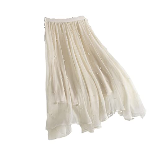 Damen Glänzender Netz-Midirock Damen mit Perlen, einfarbig, unregelmäßig, A-Linie, hohe Taille, langer Tüllrock, aprikose, Einheitsgröße von Suvoiier