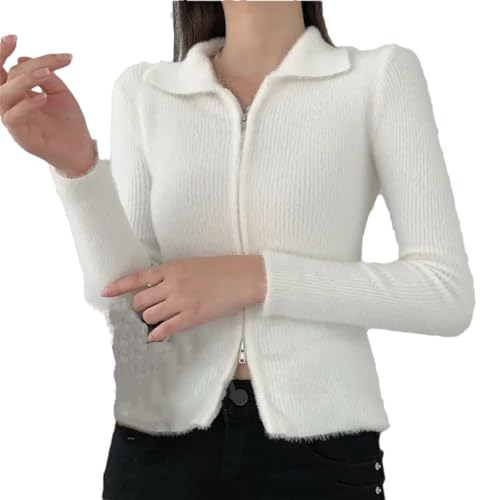 Damen-Strickjacke, doppelseitiger Reißverschluss, bauchfreier Pullover für Herbst/Winter, Strickhemden, Jacken, Pullover, weiß, L Damen-Strickjacke, doppelseitiger Reißverschluss, bauchfreier Pullover für Herbst/Winter, Strickhemden, Jacken, Pullover, weiß, L von Suvoiier
