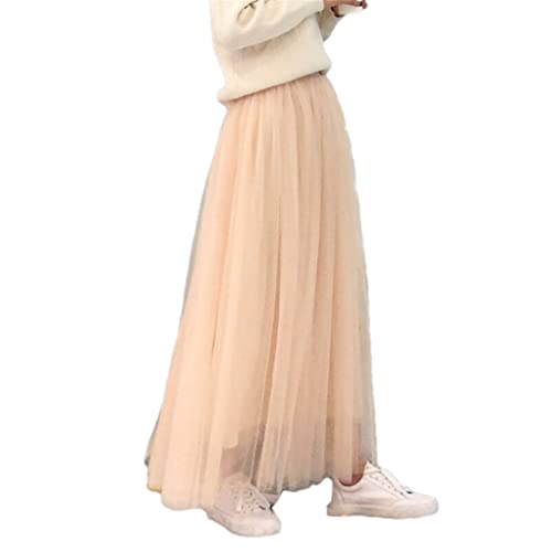 Frühling Sommer Damen Langer Midirock Prinzessin Damen Elastisch Hohe Taille Mesh Faltenrock, Beigefarbener Sommerrock, 36 von Suvoiier