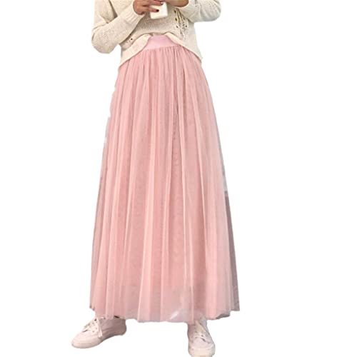 Frühling Sommer Damen Langer Midirock Prinzessin Damen Elastisch Hohe Taille Mesh Faltenrock, Rosafarbener Tutu-Rock, 44 von Suvoiier