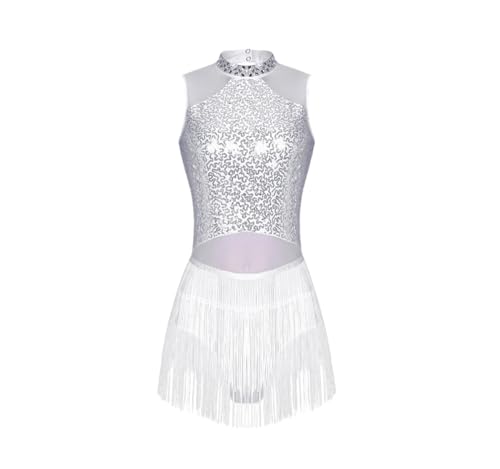 Suvoiier Damen Pailletten Quaste Latein-Tanz Kleid Latin Jazz Dance Bodysuit Rumba, Cha-Cha Samba Dance Performance Kostüm, weiß, Small von Suvoiier