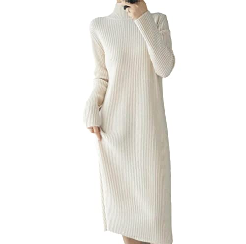 Suvoiier Damen-Strickkleid lässig halbhoher Ausschnitt Pullover-Kleider lockerer Boden Midi-Kleid Beige M von Suvoiier