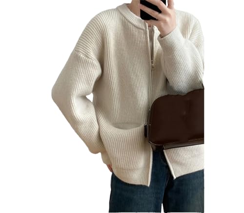 Suvoiier Gestreifter Damen-Strickmantel mit doppeltem Reißverschluss, einfarbig, lockerer Pullover, beige, L von Suvoiier