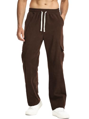 Suwangi Herren Cordhose Cargohose Cordgewebe Gerades Bein Freizeithose Elastische Taille mit Kordelzug mit Cargo Taschen von Suwangi