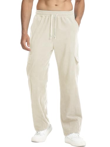 Suwangi Herren Cordhose Cargohose Cordgewebe Gerades Bein Freizeithose Elastische Taille mit Kordelzug mit Cargo Taschen von Suwangi