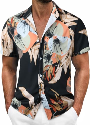 Suwangi Herren Hawaiihemd Freizeithemd Vibrierendes Weiches Leichtes Stylisches Hemd Sommerblattmuster Bequemes Soft Atmungsaktiv Urlaub von Suwangi