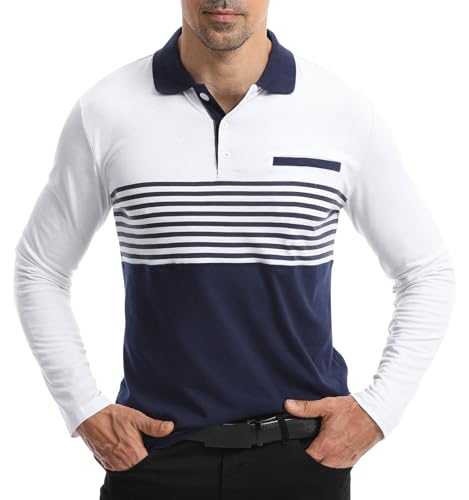 Suwangi Herren Poloshirt Langarm Polo mit lässigem Kragen Langarmshirt Freizeit Schlieren Kontrastfarbe Langarm Polohemd von Suwangi
