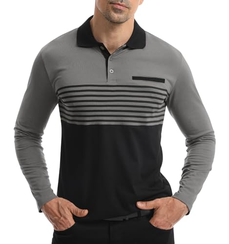 Suwangi Herren Poloshirt Langarm Polo mit lässigem Kragen Langarmshirt Freizeit Schlieren Kontrastfarbe Langarm Polohemd von Suwangi