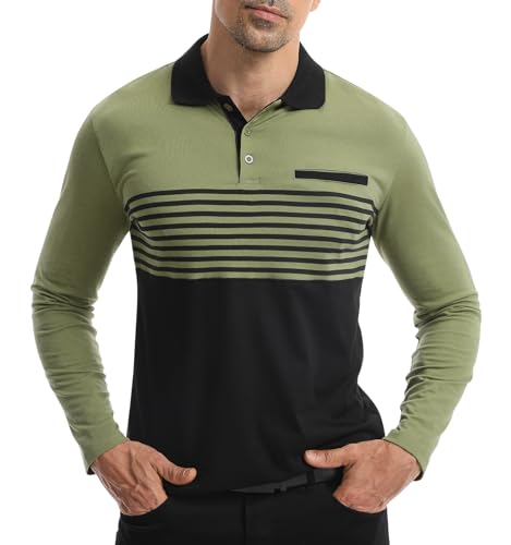 Suwangi Herren Poloshirt Langarm Polo mit lässigem Kragen Langarmshirt Freizeit Schlieren Kontrastfarbe Langarm Polohemd von Suwangi