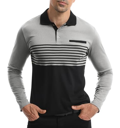 Suwangi Herren Poloshirt Langarm Polo mit lässigem Kragen Langarmshirt Freizeit Schlieren Kontrastfarbe Langarm Polohemd von Suwangi
