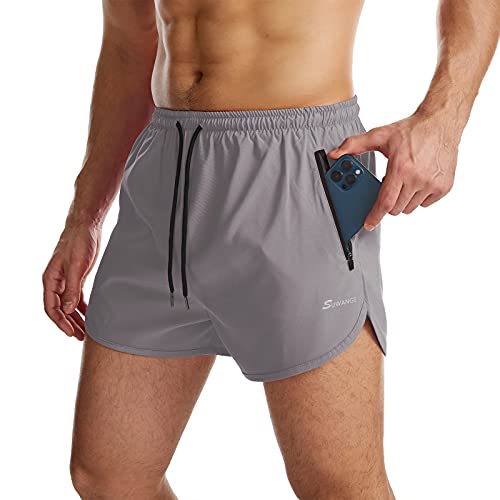 Suwangi Herren Sport Shorts Laufshorts Kurze Hose Schnell mit Innenslip Trocknend Sporthose mit Tasch Hellgrau 2XL von Suwangi