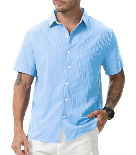 Suwangi Herren Textur Hemd Kurzarm Freizeithemd Sommer Kurzarmhemd Einfarbig Strand Shirt von Suwangi