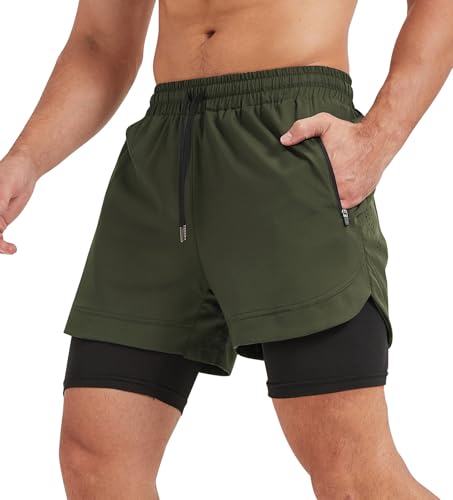 Suwangi Sporthose Herren Kurz 2 in 1 Laufhose Trainingsshorts Schnelltrocknende Gymshorts mit Reißverschlusstaschen von Suwangi