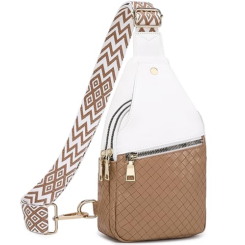 Suweir Sling Bag Damen Brusttasche Klein Crossbody Bag Stylisch Umhängetasche Bauchtasche PU Leder Schultertasche Leichte Rucksack für Outdoorsport, Reisen, Einkaufen, Frauen (Weiß Braun) von Suweir