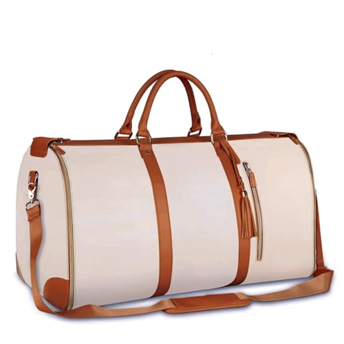 Suweir Kleidersack Reisetasche PU Leder Anzugtasche Garment Duffle bag für Herren Damen 2 in 1 Hängenden Faltbaren Koffer Anzug Reisetaschen Kleidertaschen Sporttasche für Bussiness, Reisen (Beige) von Suweir