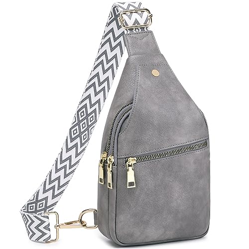 Suweir Brusttasche Damen Sling Bag Klein Umhängetasche PU Leder Crossbody Stylisch Bauchtasche Frauen Schultertasche Breiter Gurt Rucksack für Outdoorsport, Reisen, Radfahren (Grau) von Suweir