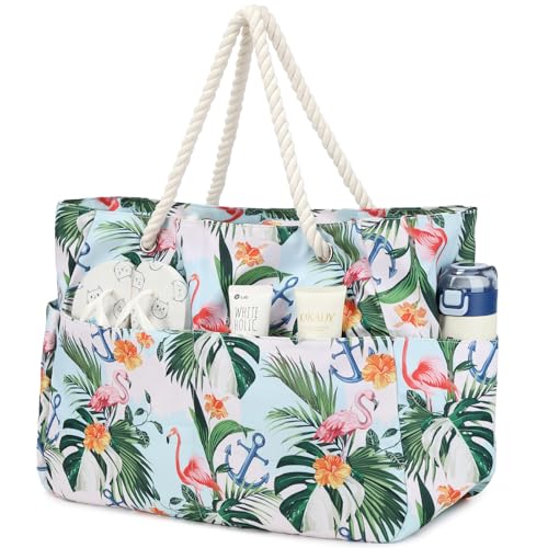 Suweir Strandtasche Groß Badetasche xxl Familie mit Reißverschluss Damen Beach Bag mit Nasstasche Wasserdicht Shopper Tote Bag Saunatasche Schwimmtasche für Strand Schwimmbad Therme Reisen (Flamingo) von Suweir