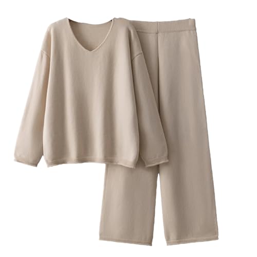 2-teiliges Winter-Strickset, Damen-Outfits, langärmelig, V-Ausschnitt + lässige Hose mit weitem Bein, lockerer Anzug, beige, Einheitsgröße von Suwequest